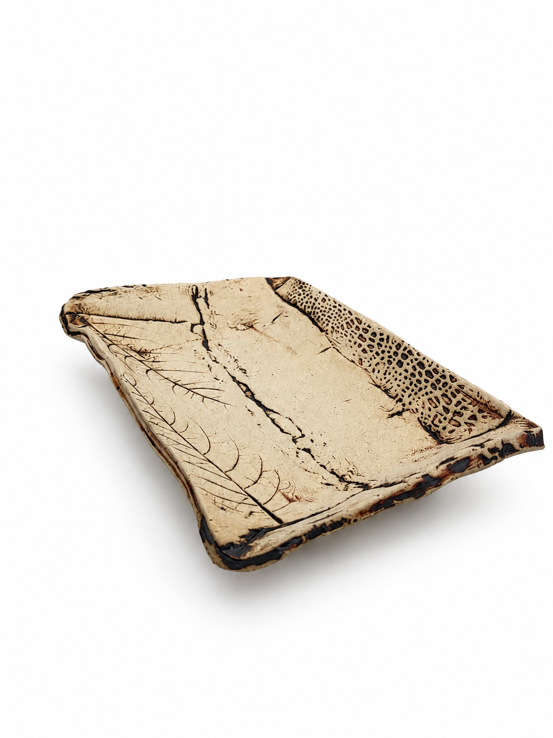 Ceramic Plate, leaf imprints and brown accents