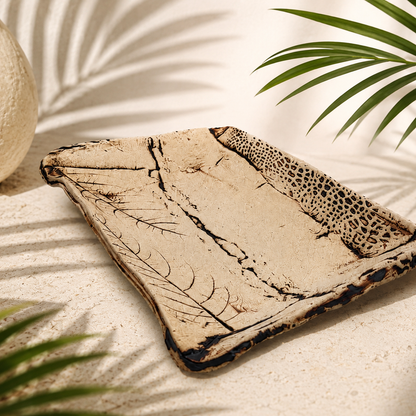 Ceramic Plate, leaf imprints and brown accents