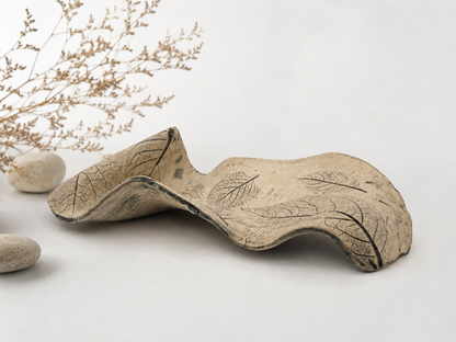Freeform Ceramic Plate, green leaf imprints