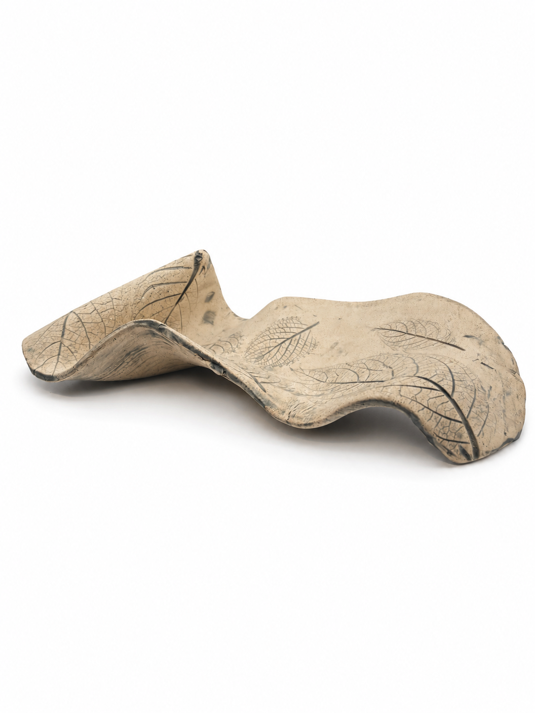 Freeform Ceramic Plate, green leaf imprints