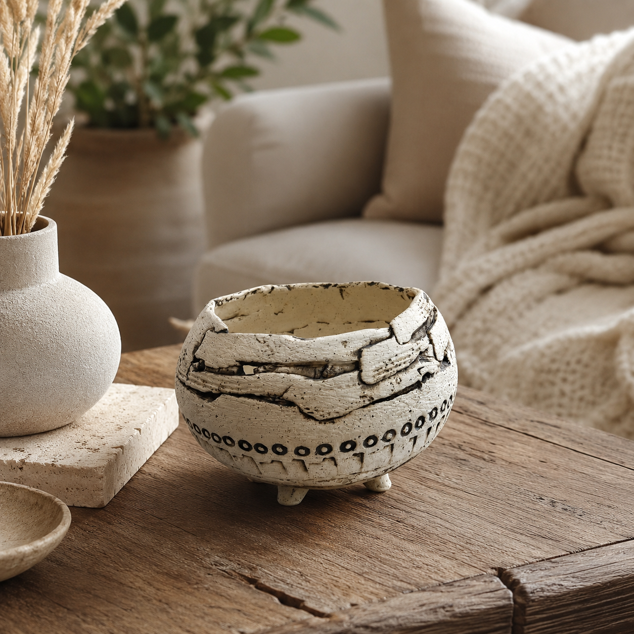 Ceramic Bowl, cream with blackish accents